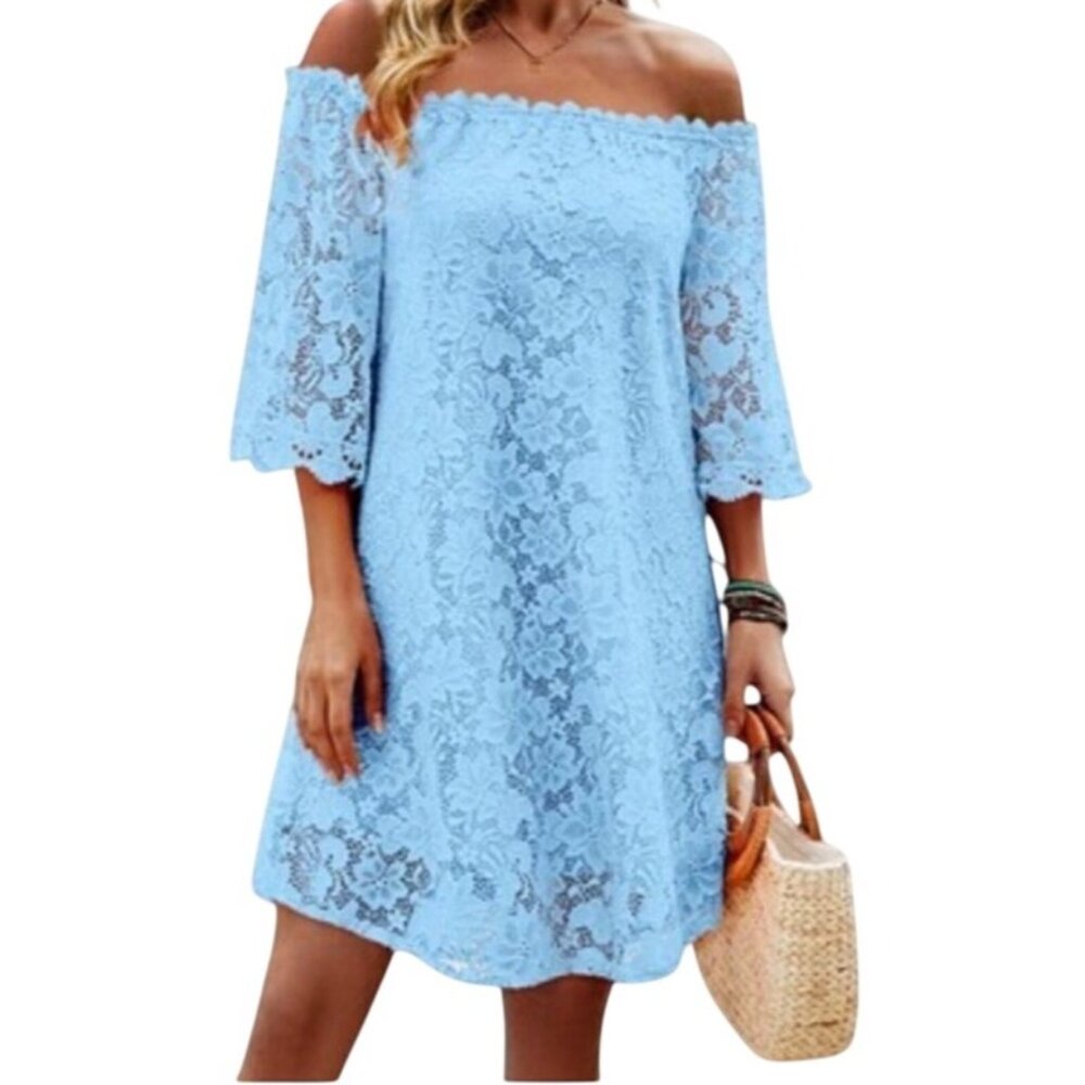 Womens Light Blue Lace Off-Shoulder Dress With 3/4 Sleeves By Ours Size M